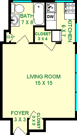 Sumac Studio Floorplan shows roughly 355 square feet shows a living room, bathroom, kitchen and closet.