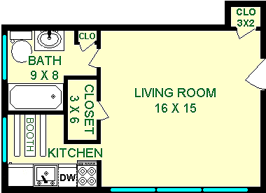 Birch Studio Floorplan shows Living Room with a closet, bathroom and built in booth, as well as a bathroom.