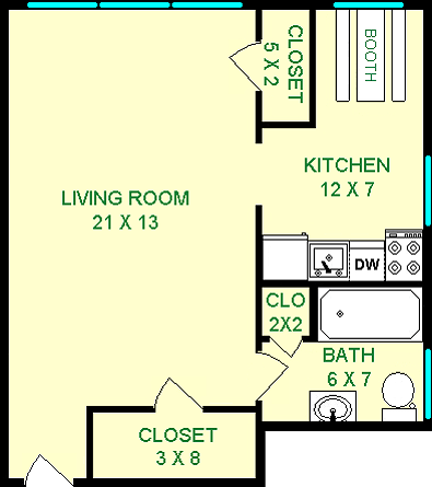 Raintree studio floor plan shows roughly 410 square feet, with a living room kitchen and bathroom.
