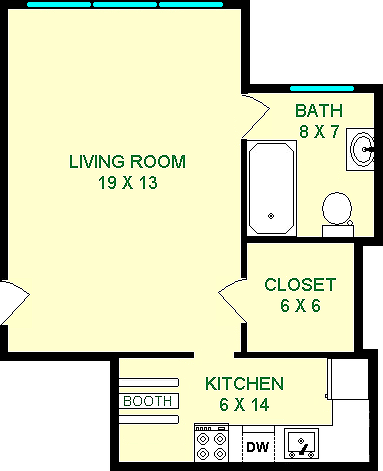 Hornbeam studio floorplan shows roughly 430 square feet with a living room, kitchen, bathroom and closets.