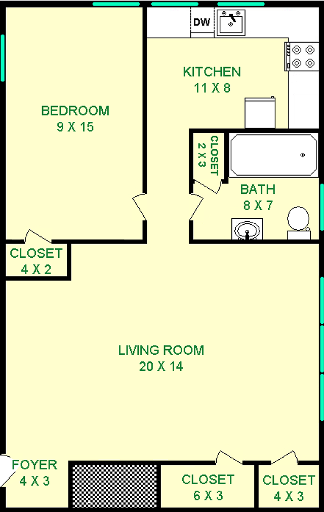Cottonwood Floorplan shows roughly 640 square feet with a living room, bedroom, kitchen, bathroom and multiple closets.