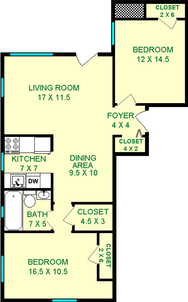 Cypress two bedroom floorplan shows roughly 800 square feet, with two bedrooms, a living room, bathroom, dining area, ktichen and closets.