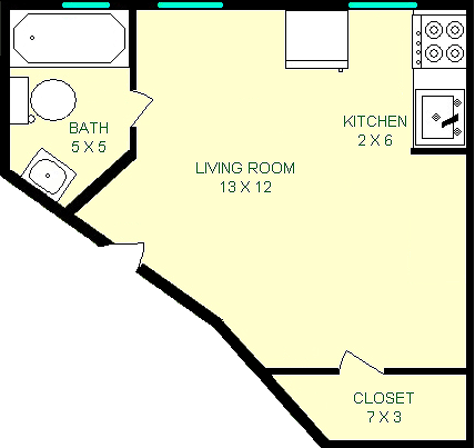 Russel Floorplan shows roughly 200 square feet, with a living room, kitchen, closet and bathroom.