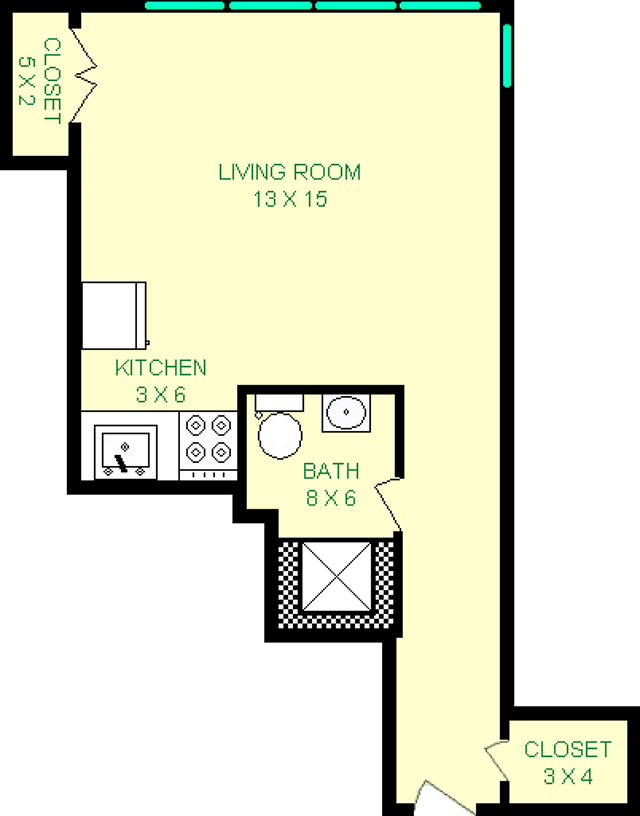 Iwatani studio floorplan shows roughly 325 square feet, with a living room, bathroom, foyer, kitchen and closets.