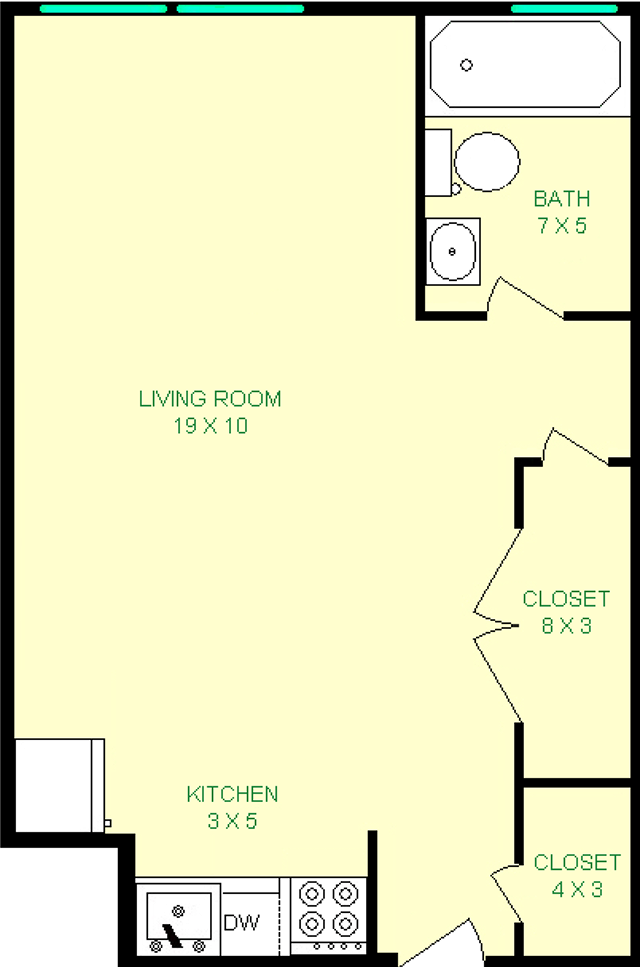 Lowe studio floorplan shows roughly 335 square feet, with a living room, kitchen, bathroom and closets.