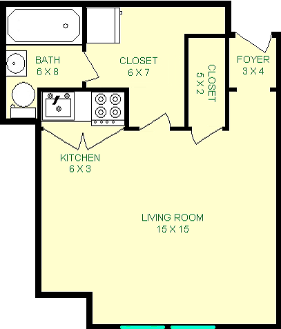 Douglas floorplan shows roughly 340 square feet, with a living room, kitchen, foyer, closets and a bathroom.