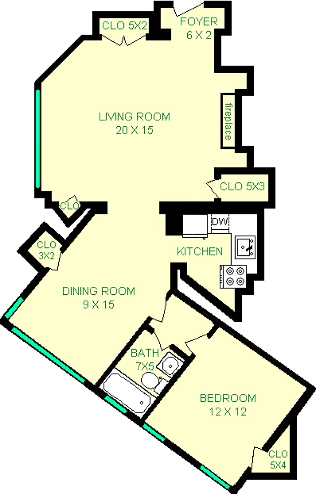 Naka one bedroom floorplan shows roughly 660 square feet, with a bedroom, bathroom, living room, Kitchen, and closets