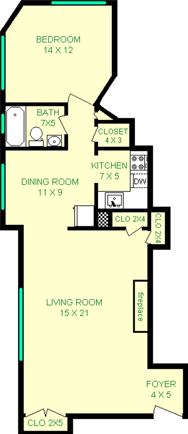 Bristow shows roughly 750 square feet, with a foyer, living room, dining room, bedroom, bathroom, kitchen and closets.