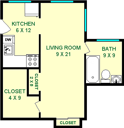 Fuchsia Studio Floorplan shows roughly 380 square feet with a living room, bathroom, closets and a kitchen