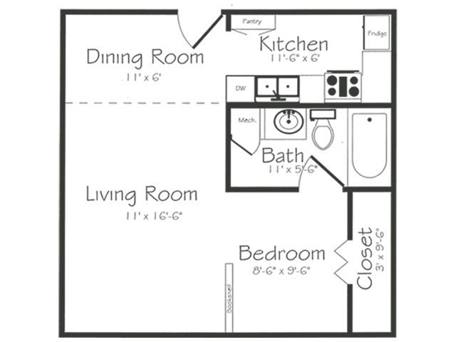 Efficiency Floorplan | Bayou Shadows Apartment Homes