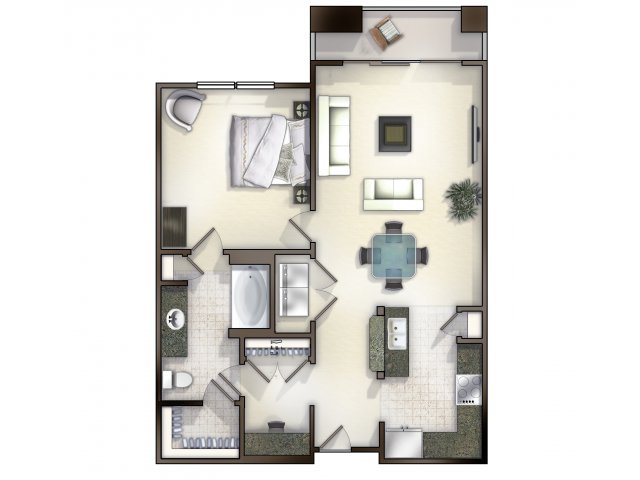 A2 one bed, one bath with kitchen island, balcony and large closet space