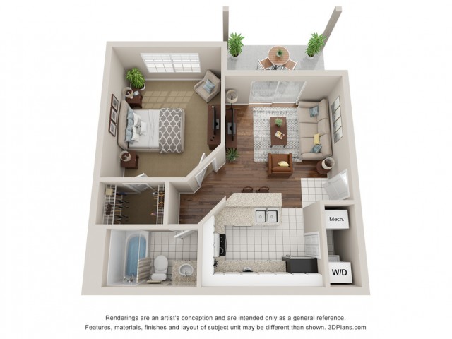 One bedroom apartment 3D floor plan Tampa, FL