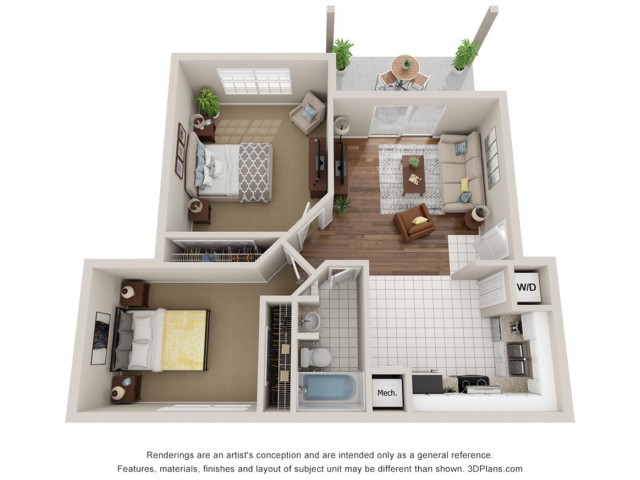 Two bedroom apartment 3D floor plan Tampa, FL
