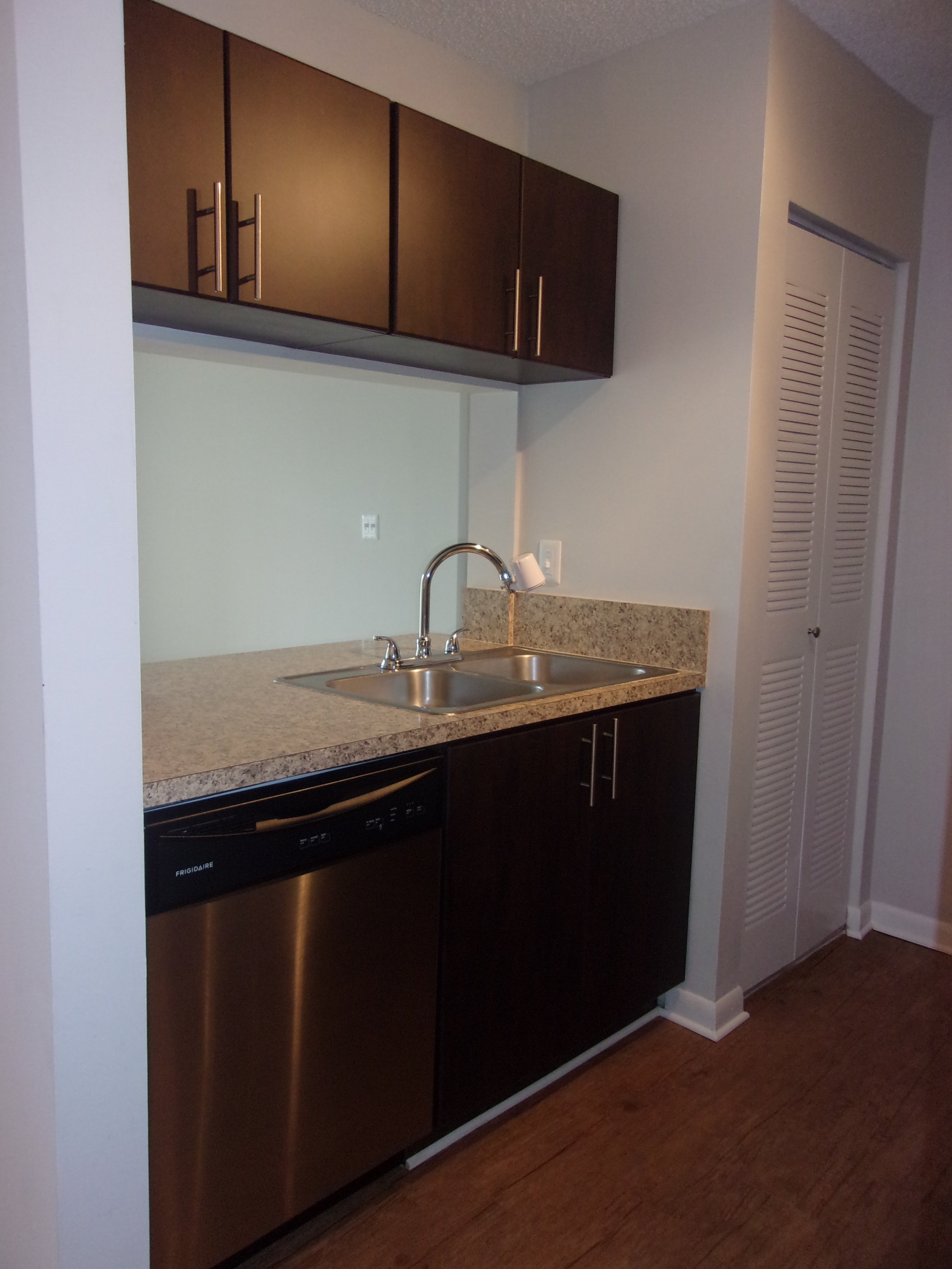 Compact kitchen counter with large stainless steel sink, overhead cabinets, and dishwasher next to double-door pantry
