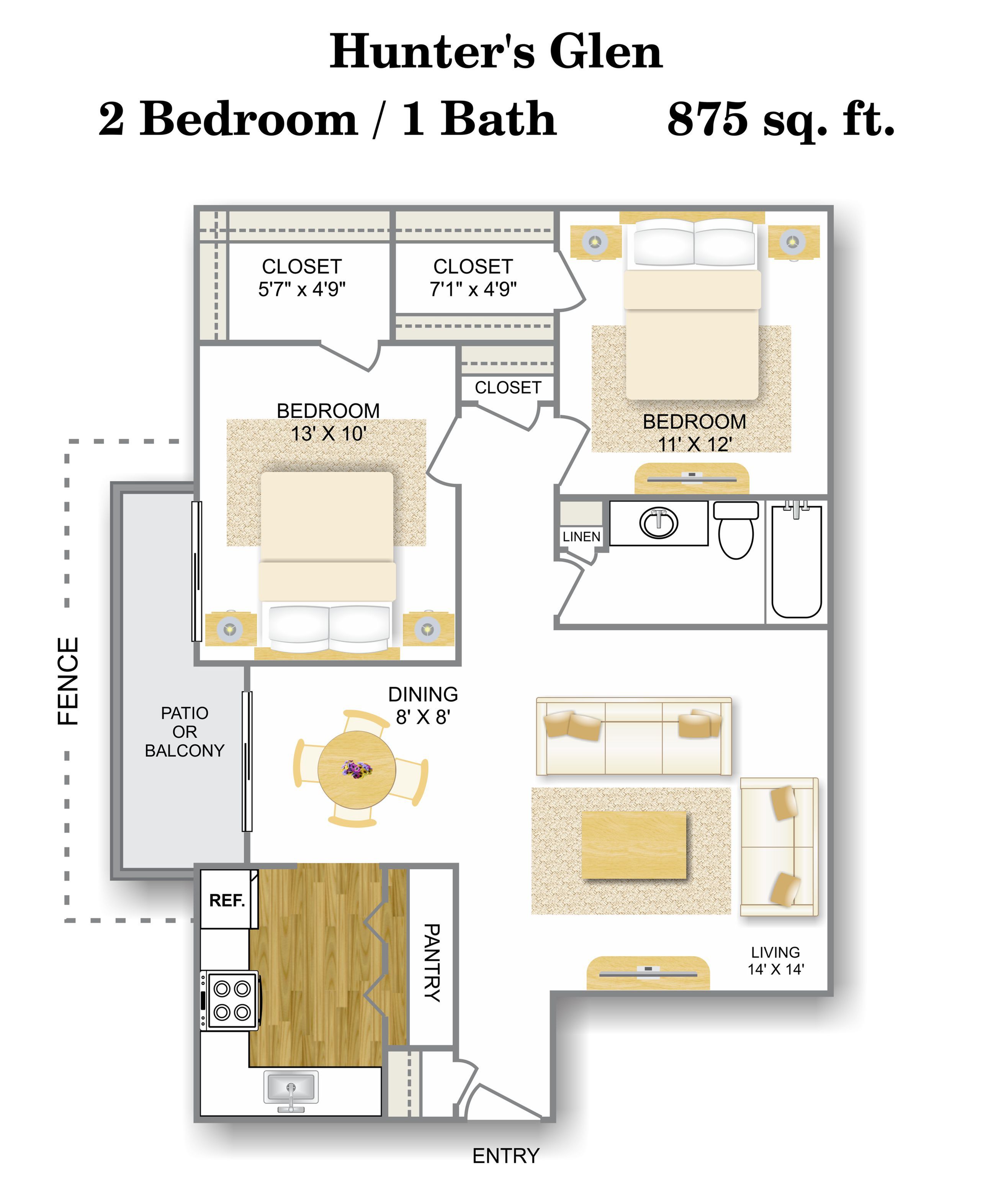 2 Bedroom 1 Bath 2 Bed Apartment Hunter S Glen Apartments