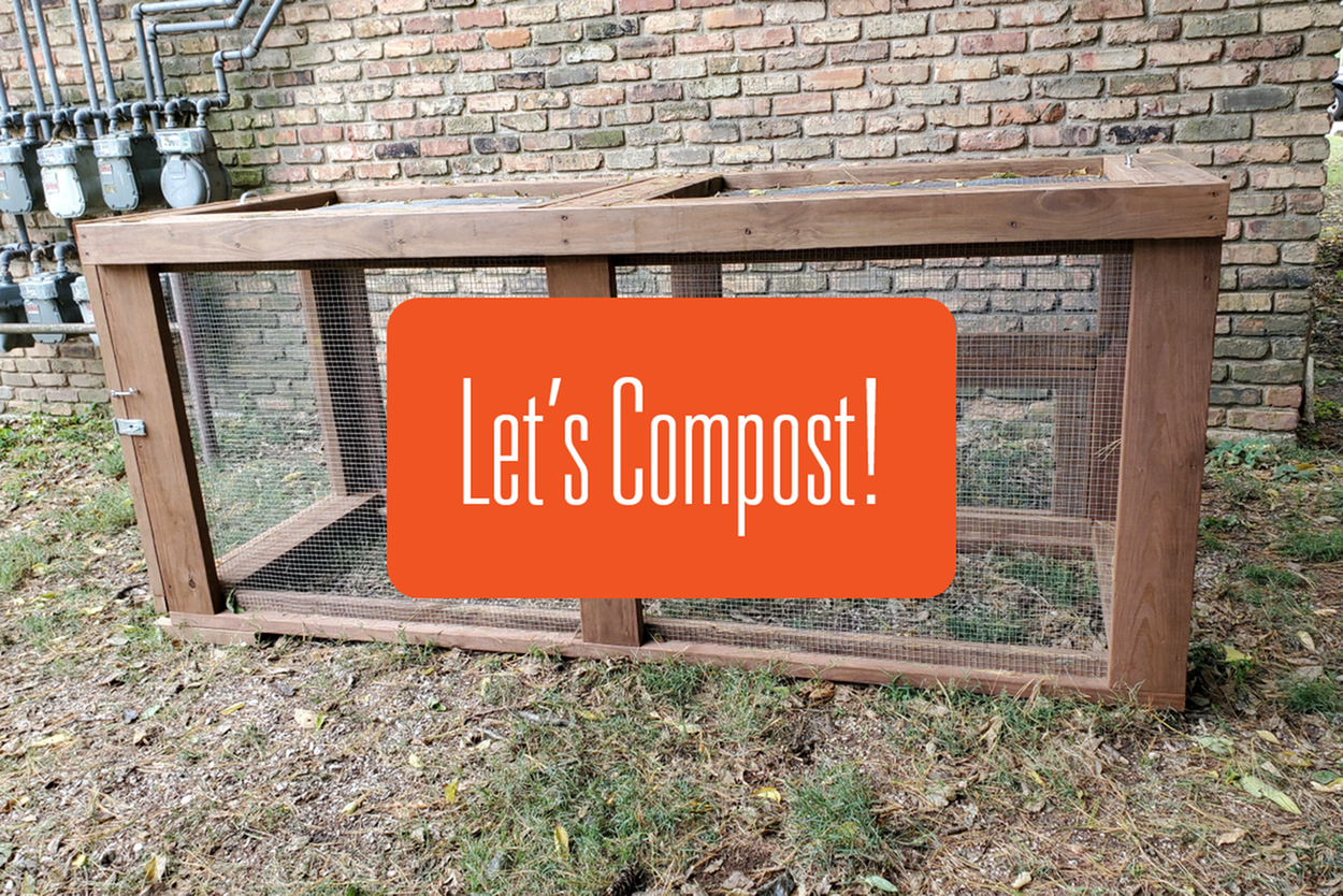 A photo of the new compost bin at 611 w. healey with a title card saying let's compost