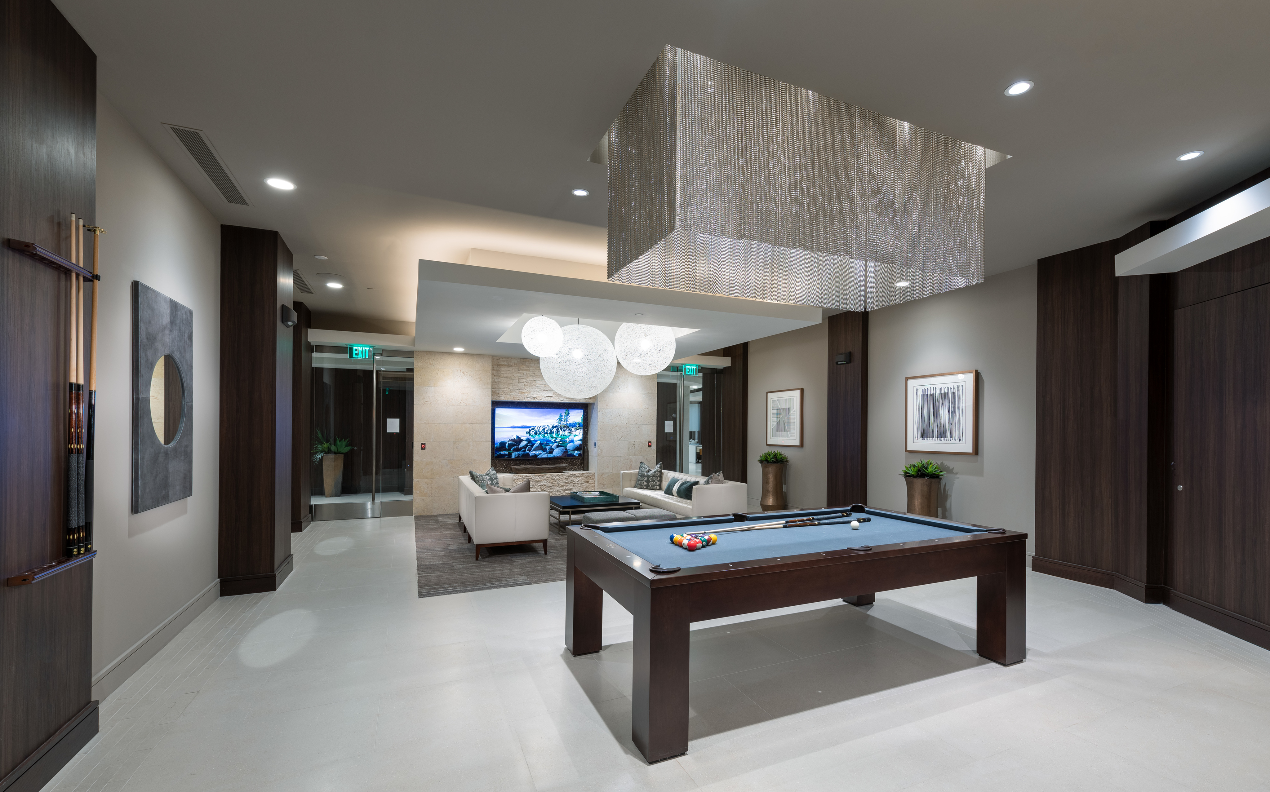 Resident lounge with billiards table and seating area at Hanover Broadway