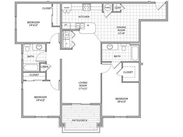 3 bedroom and 2 bathroom floor plan image