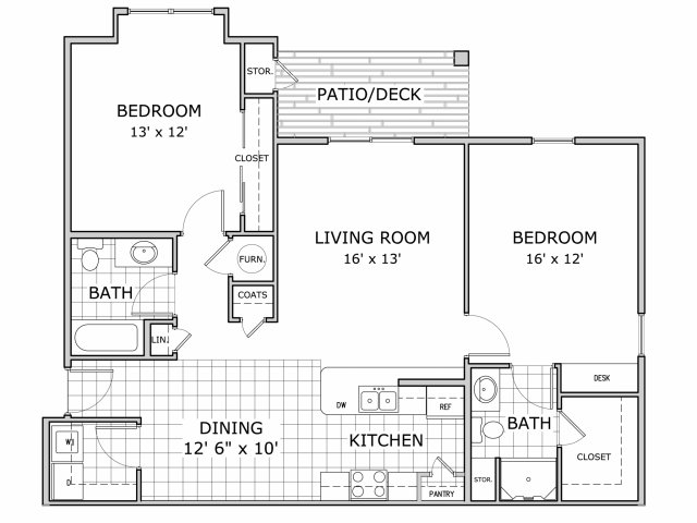 Floor plan image of a furnished 2 bedroom and 2 bathroom apartment