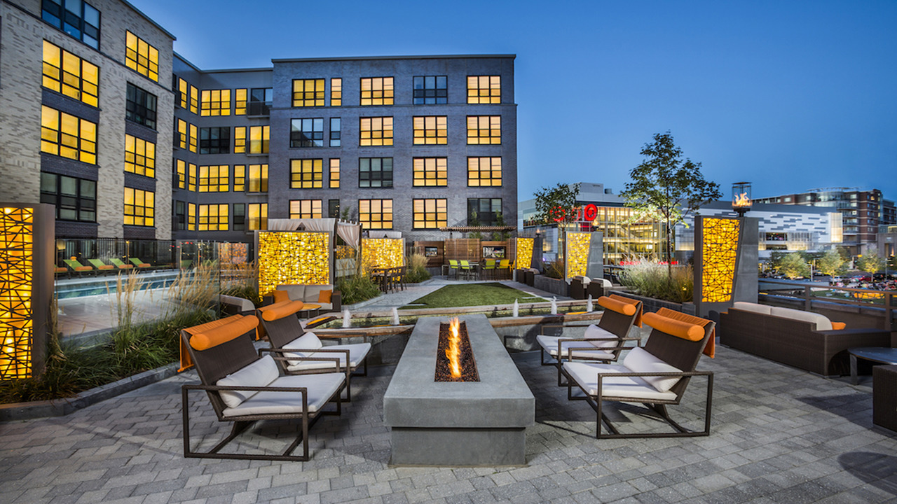 Outdoor fire pit and views of Mosaic District.