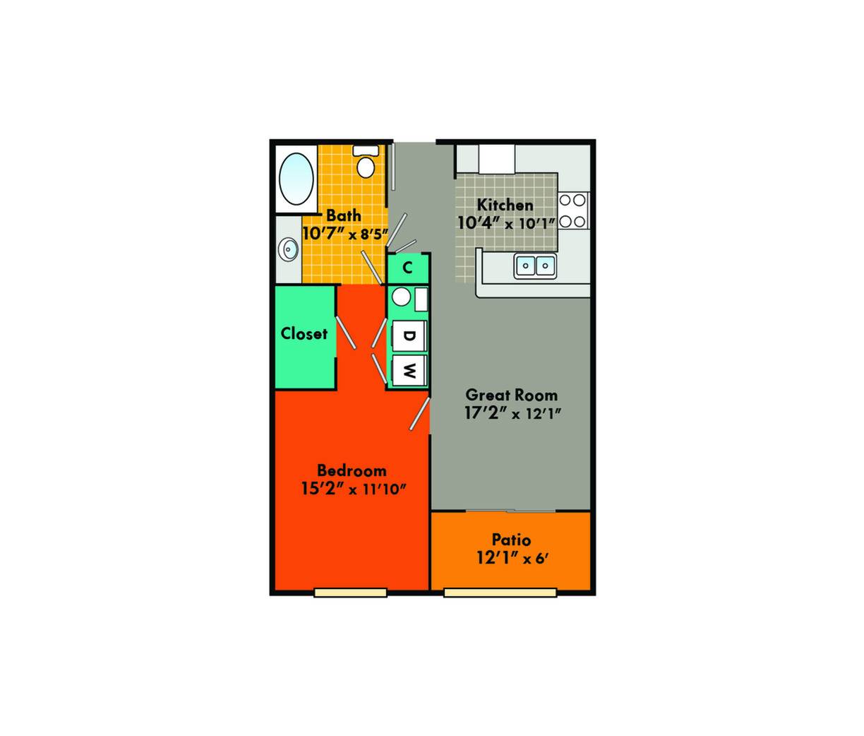 1x1 w/ Sunroom Renovated Floor Plan Image
